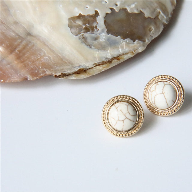 MENGJIQIAO 2019 Japan New Vintage Round Marble Opal Stone Big Stud Earrings For Women Fashion Temperament Simulated Pearl Brinco
