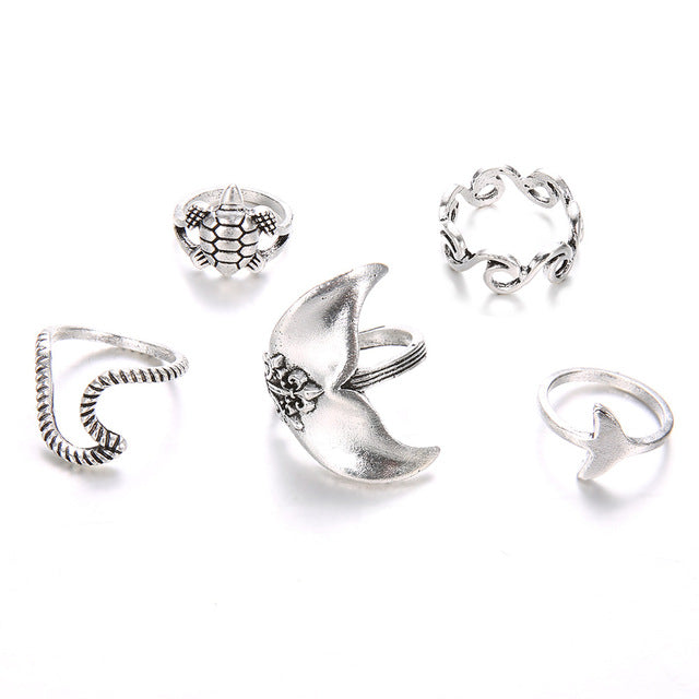 BOYULIGE 5pcs/set Vintage Rings for Women Boho Geometric Silver Turtle Whale Tail Waves Ring Set Knuckle Finger Charm Jewelry