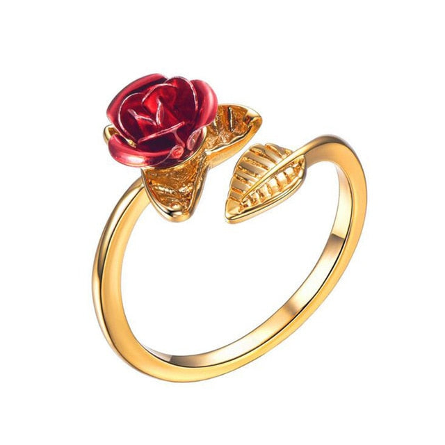 Red Rose Garden Flower Leaves Resizable Finger Rings For Women Valentine's Day Gift Jewelry Hot Sale 2019 Open Ring