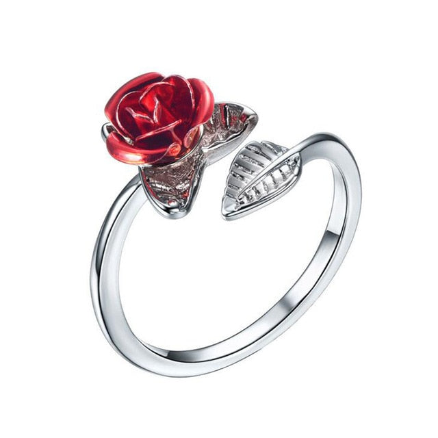 Red Rose Garden Flower Leaves Resizable Finger Rings For Women Valentine's Day Gift Jewelry Hot Sale 2019 Open Ring