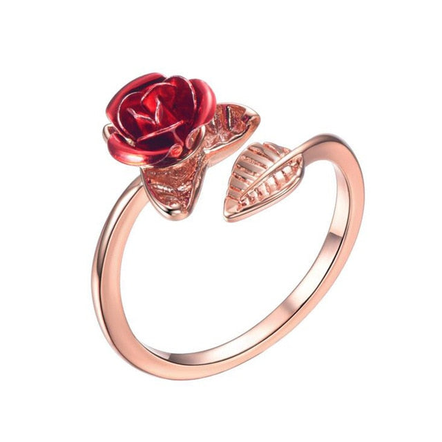 Red Rose Garden Flower Leaves Resizable Finger Rings For Women Valentine's Day Gift Jewelry Hot Sale 2019 Open Ring