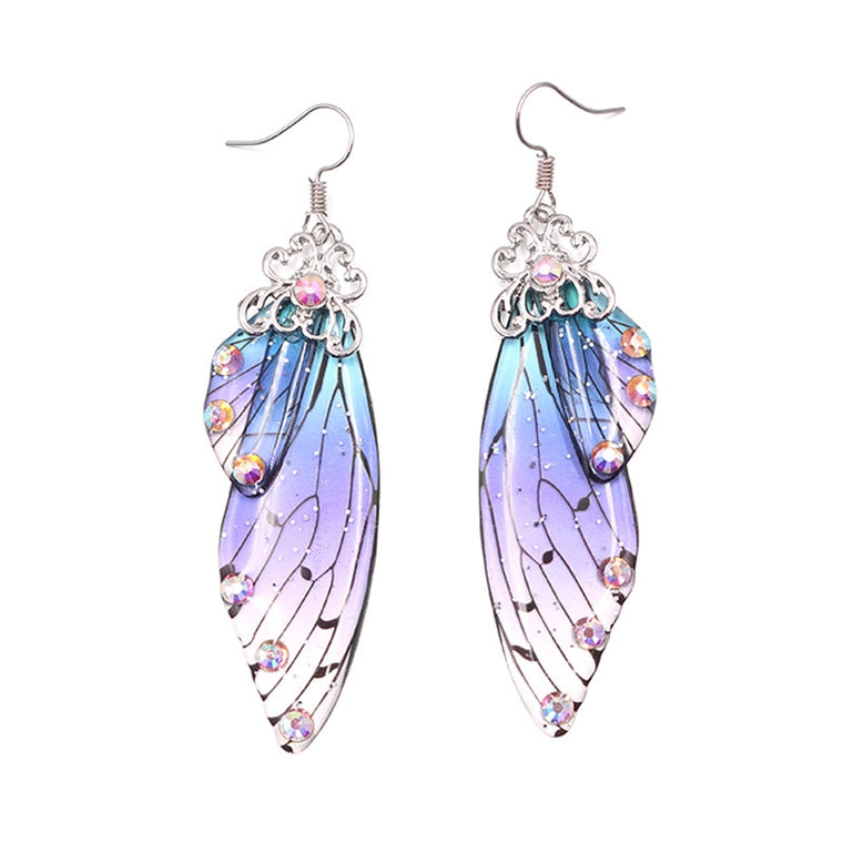 Handmade Fairy Simulation Wing Earrings Insect Butterfly Wing Drop Earrings Foil Rhinestone Earrings Romantic Bridal Jewelry