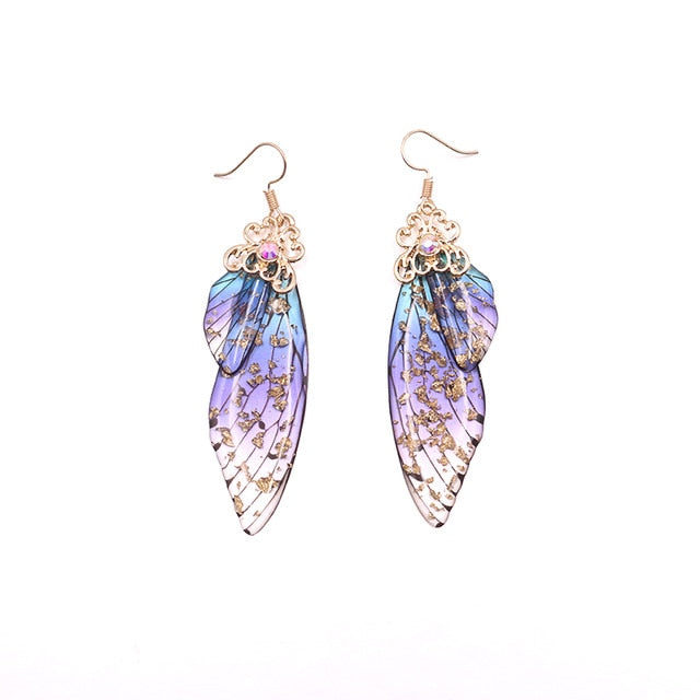 Handmade Fairy Simulation Wing Earrings Insect Butterfly Wing Drop Earrings Foil Rhinestone Earrings Romantic Bridal Jewelry