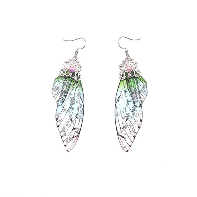 Handmade Fairy Simulation Wing Earrings Insect Butterfly Wing Drop Earrings Foil Rhinestone Earrings Romantic Bridal Jewelry