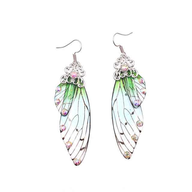 Handmade Fairy Simulation Wing Earrings Insect Butterfly Wing Drop Earrings Foil Rhinestone Earrings Romantic Bridal Jewelry