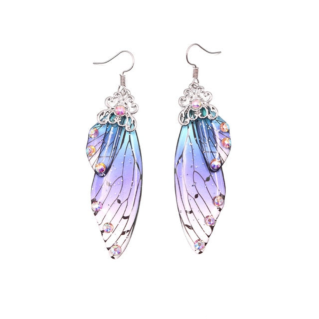 Handmade Fairy Simulation Wing Earrings Insect Butterfly Wing Drop Earrings Foil Rhinestone Earrings Romantic Bridal Jewelry