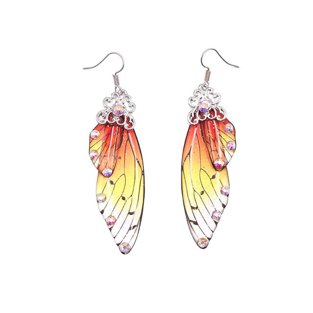 Handmade Fairy Simulation Wing Earrings Insect Butterfly Wing Drop Earrings Foil Rhinestone Earrings Romantic Bridal Jewelry