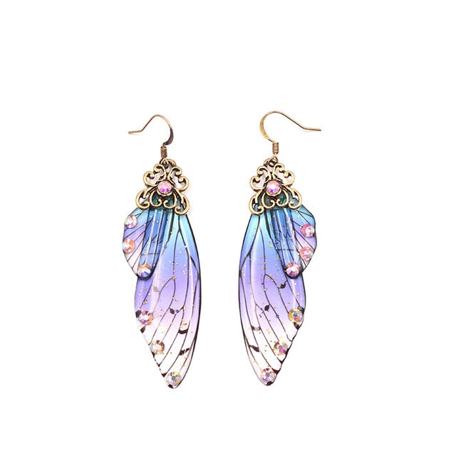 Handmade Fairy Simulation Wing Earrings Insect Butterfly Wing Drop Earrings Foil Rhinestone Earrings Romantic Bridal Jewelry