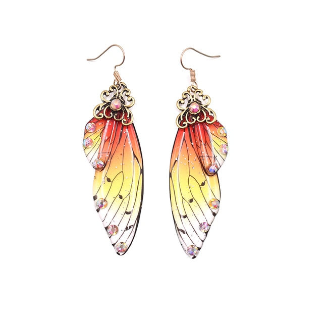 Handmade Fairy Simulation Wing Earrings Insect Butterfly Wing Drop Earrings Foil Rhinestone Earrings Romantic Bridal Jewelry