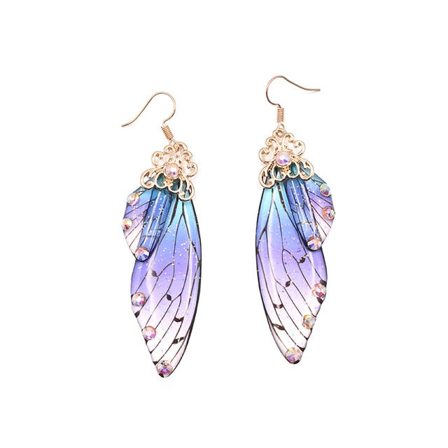 Handmade Fairy Simulation Wing Earrings Insect Butterfly Wing Drop Earrings Foil Rhinestone Earrings Romantic Bridal Jewelry