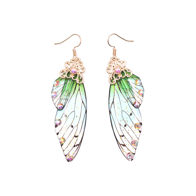 Handmade Fairy Simulation Wing Earrings Insect Butterfly Wing Drop Earrings Foil Rhinestone Earrings Romantic Bridal Jewelry
