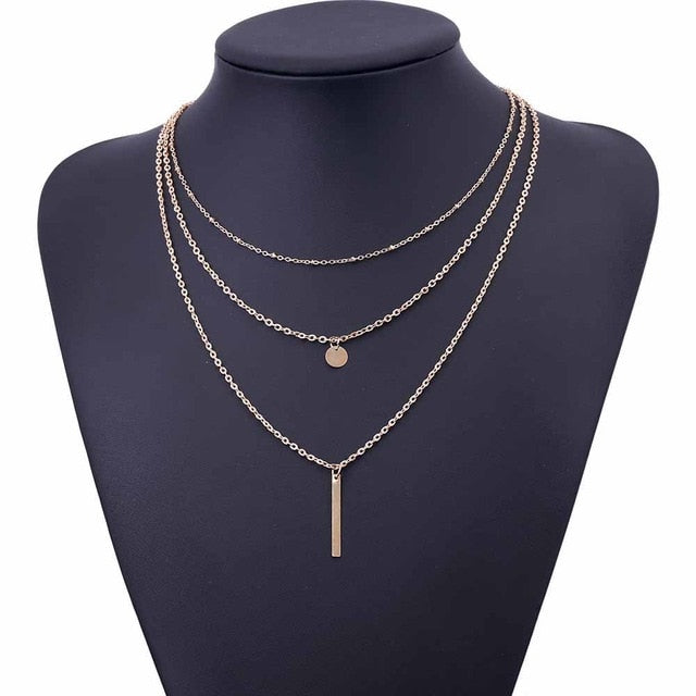 VKME 2017 Women's Fashion Jewelry Colar 1pc European Simple Gold Silver Plated Multi Layers Bar Coin Necklace Clavicle Chains