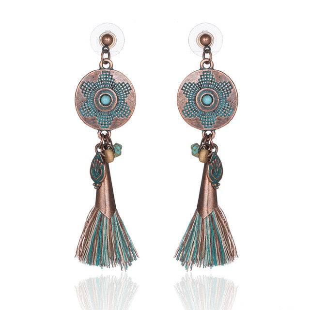Antique Vintage Bohemian Ethnic Tassel Fringe Leaf Stones Earrings For Women Girls Anniversary Wedding Party Jewelry Charms