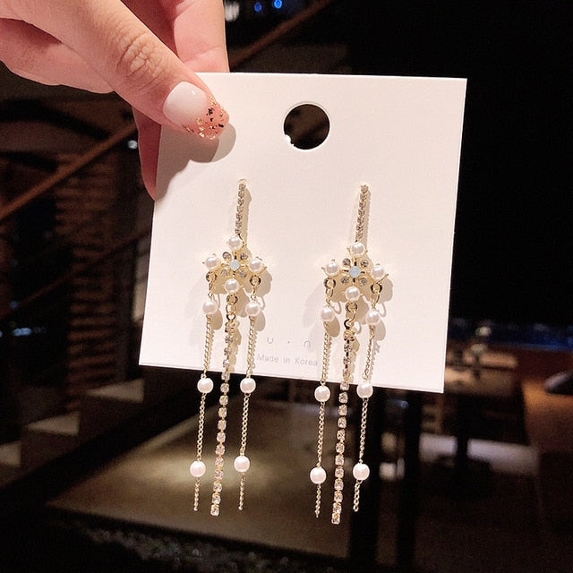 2019 New Crystal Pearl Tassel Earrings Female Long Paragraph Geometric Pendant Earrings Wedding Fashion Jewelry Jewelry Gifts