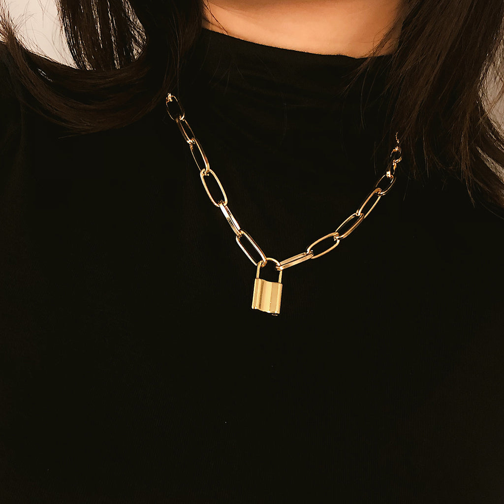 Rock Choker Lock Necklace Layered Chain On The Neck With Lock Punk Jewelry Mujer Key Padlock Pendant Necklace For Women Gift