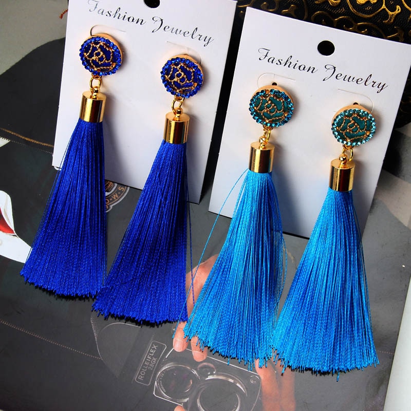 European Fashion Bohemian Tassel Crystal Long Earrings White Red Silk Fabric Drop Dangle Tassel Earrings For Women 2019 Jewelry