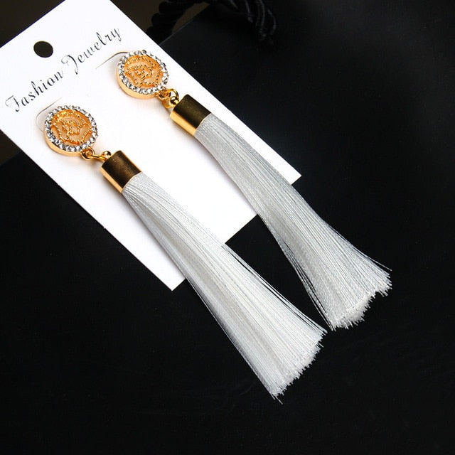 European Fashion Bohemian Tassel Crystal Long Earrings White Red Silk Fabric Drop Dangle Tassel Earrings For Women 2019 Jewelry