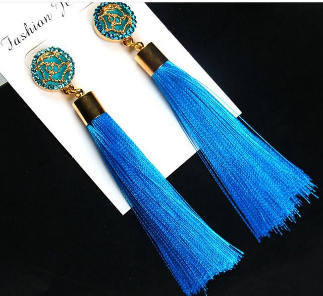 European Fashion Bohemian Tassel Crystal Long Earrings White Red Silk Fabric Drop Dangle Tassel Earrings For Women 2019 Jewelry