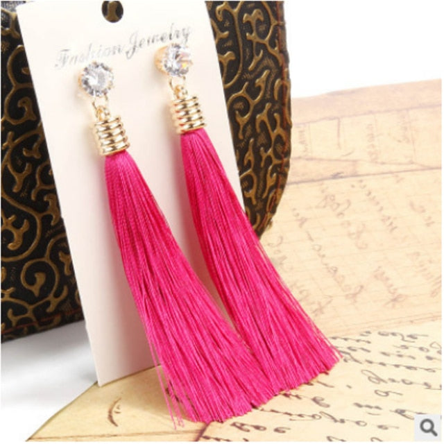 European Fashion Bohemian Tassel Crystal Long Earrings White Red Silk Fabric Drop Dangle Tassel Earrings For Women 2019 Jewelry