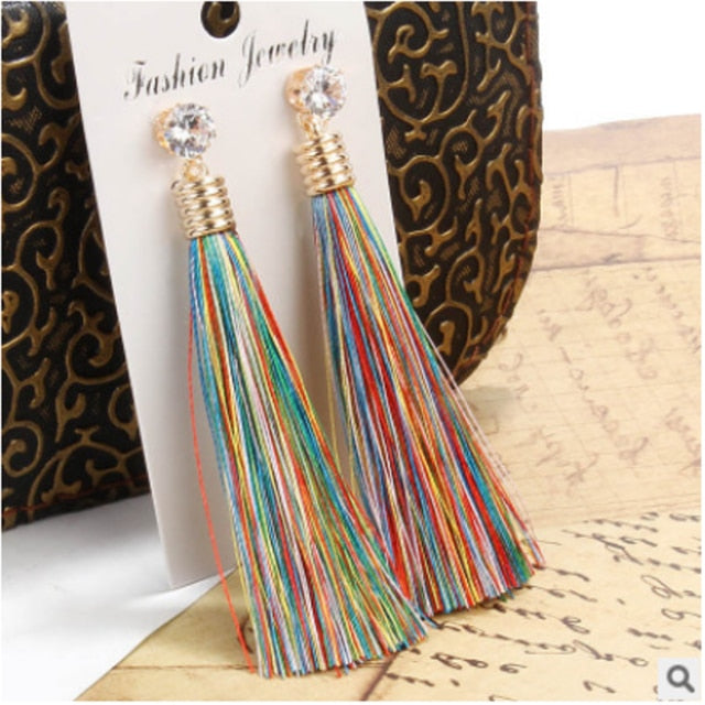 European Fashion Bohemian Tassel Crystal Long Earrings White Red Silk Fabric Drop Dangle Tassel Earrings For Women 2019 Jewelry
