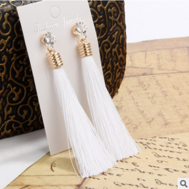 European Fashion Bohemian Tassel Crystal Long Earrings White Red Silk Fabric Drop Dangle Tassel Earrings For Women 2019 Jewelry