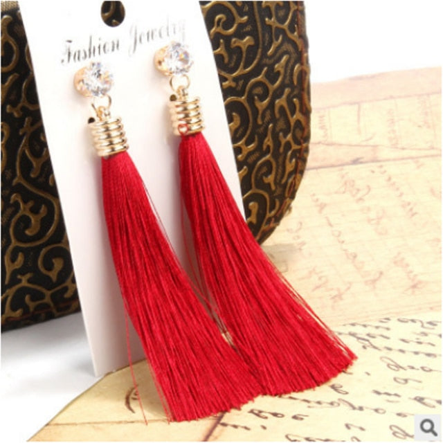 European Fashion Bohemian Tassel Crystal Long Earrings White Red Silk Fabric Drop Dangle Tassel Earrings For Women 2019 Jewelry