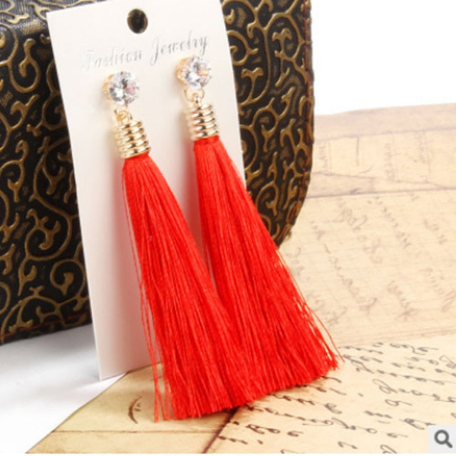 European Fashion Bohemian Tassel Crystal Long Earrings White Red Silk Fabric Drop Dangle Tassel Earrings For Women 2019 Jewelry
