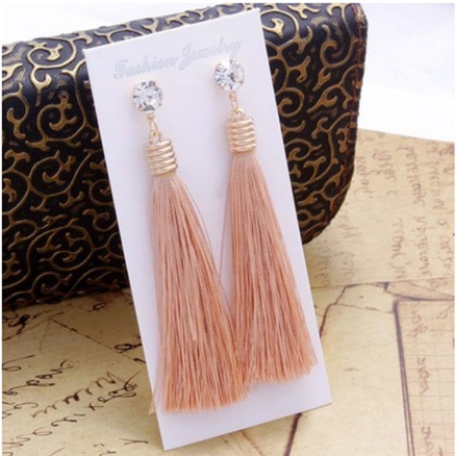 European Fashion Bohemian Tassel Crystal Long Earrings White Red Silk Fabric Drop Dangle Tassel Earrings For Women 2019 Jewelry