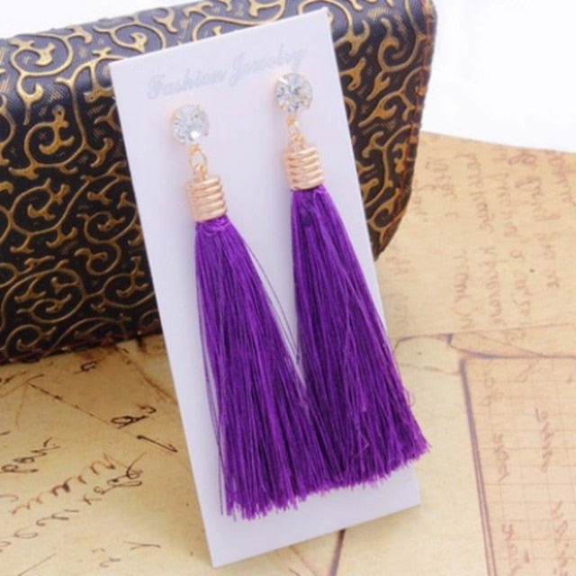 European Fashion Bohemian Tassel Crystal Long Earrings White Red Silk Fabric Drop Dangle Tassel Earrings For Women 2019 Jewelry