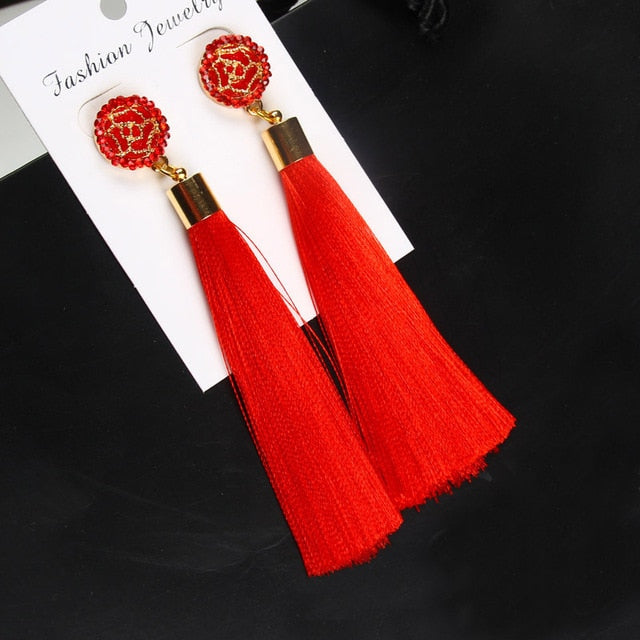 European Fashion Bohemian Tassel Crystal Long Earrings White Red Silk Fabric Drop Dangle Tassel Earrings For Women 2019 Jewelry