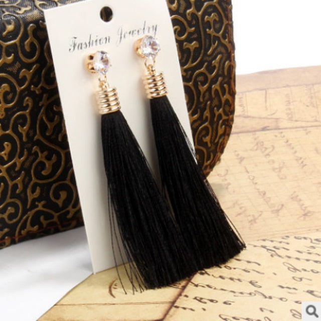 European Fashion Bohemian Tassel Crystal Long Earrings White Red Silk Fabric Drop Dangle Tassel Earrings For Women 2019 Jewelry
