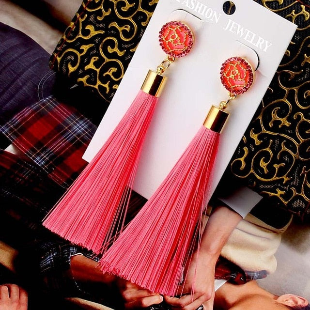 European Fashion Bohemian Tassel Crystal Long Earrings White Red Silk Fabric Drop Dangle Tassel Earrings For Women 2019 Jewelry