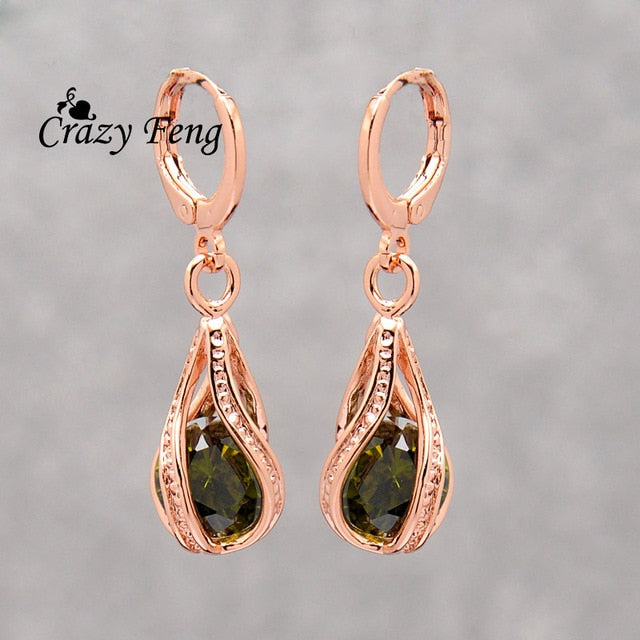 Elegant Pink CZ Crystal Earrings Rose Gold Color Hollow Out Drop Earrings for Women Wedding Party Costume Jewelry brincos Gift