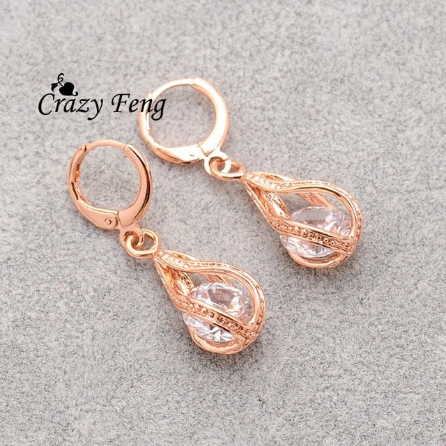 Elegant Pink CZ Crystal Earrings Rose Gold Color Hollow Out Drop Earrings for Women Wedding Party Costume Jewelry brincos Gift