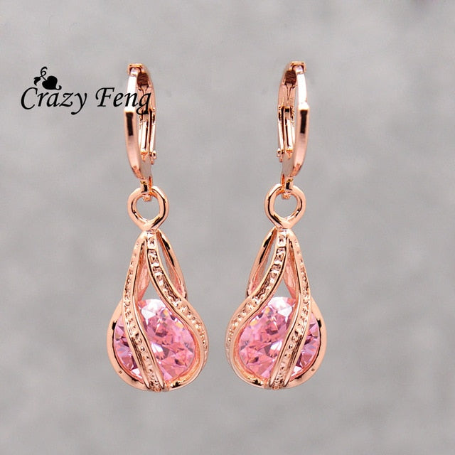 Elegant Pink CZ Crystal Earrings Rose Gold Color Hollow Out Drop Earrings for Women Wedding Party Costume Jewelry brincos Gift