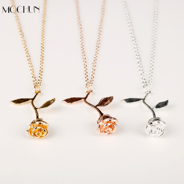 MQCHUN 3D Rose Halskette, Personalisierte Charme Halskette Schluss Rose Blume Schönheit und das Biest Schmuck Frauen Mädchen Party Geschenk