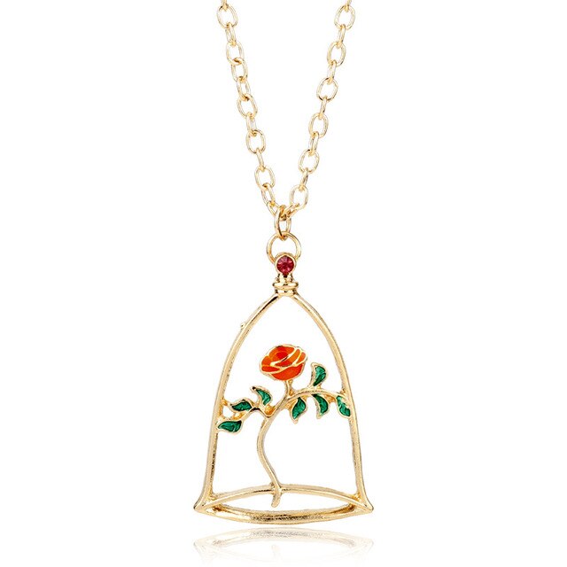 MQCHUN 3D Rose Halskette, Personalisierte Charme Halskette Schluss Rose Blume Schönheit und das Biest Schmuck Frauen Mädchen Party Geschenk
