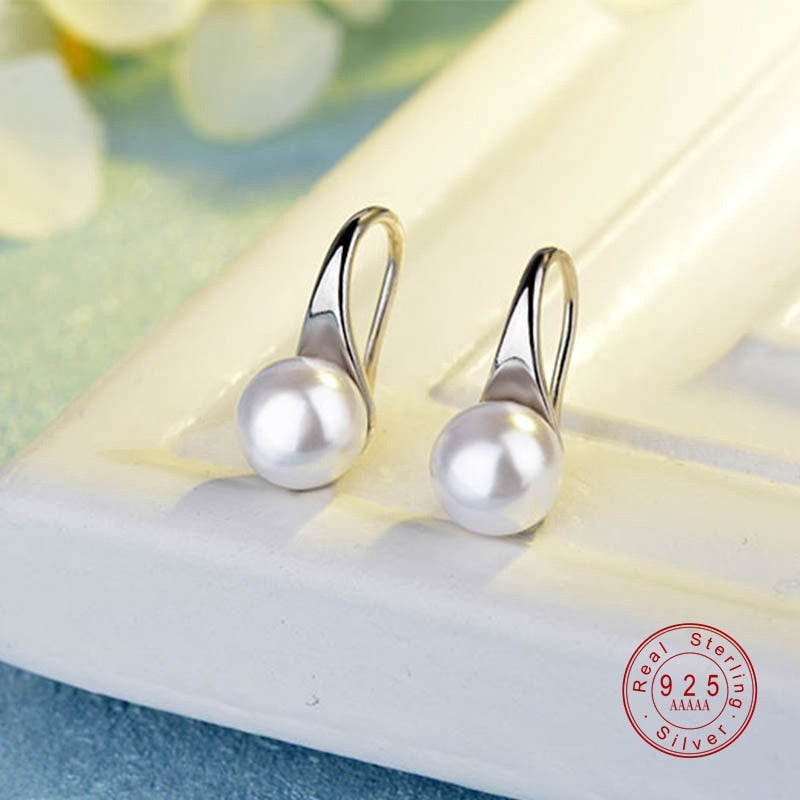 Pendientes de plata de ley 925 con gran perla clara, pendientes sencillos de perla blanca redonda, pendientes de joyería clásicos para mujeres, regalos elegantes